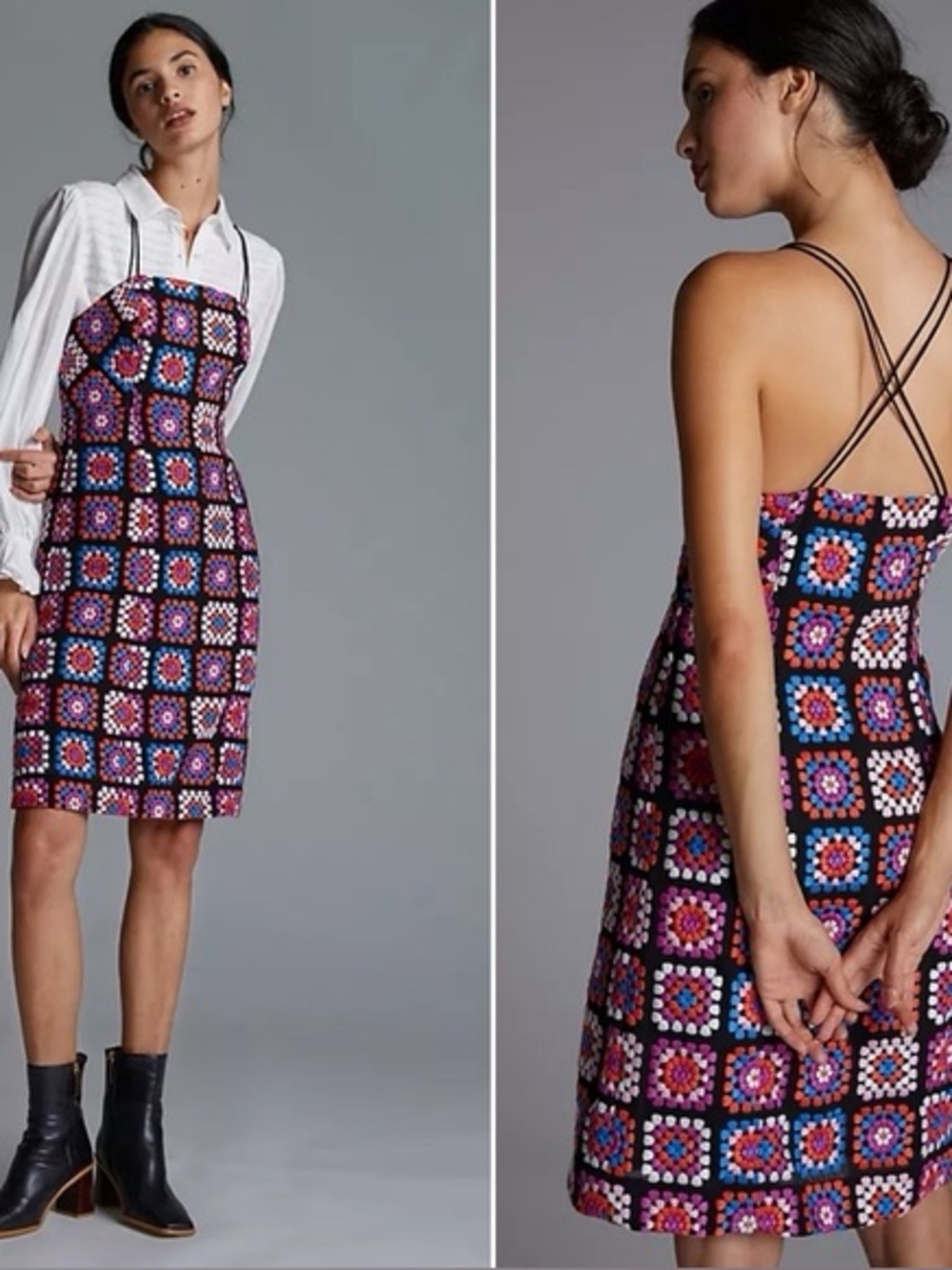 Anthropologie Embroidered Granny Square Slip Dress Size 8 Grandmacore